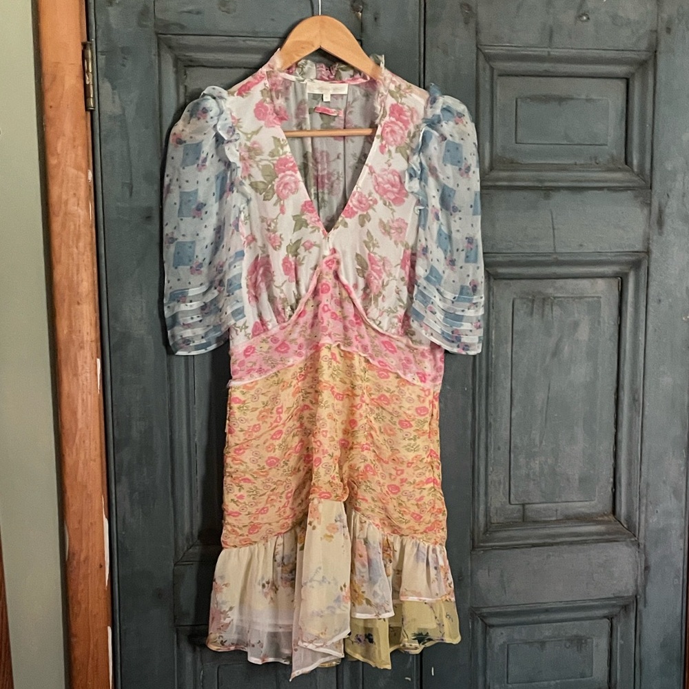 LoveShackFancy Arlo Floral 100% Silk Mini Dress - missing belt Size 8